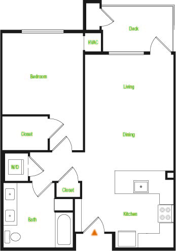 Floor plan for 1 bed, 1 bath, 748 sqft